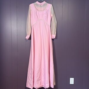 Vintage 60s/70s Pink Formal Wedding Gown – Sheer Sleeves Size XS/S